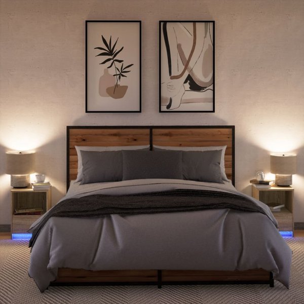 vidaXL Κομοδίνα με φωτισμό LED, 2 τεμάχια, Sonoma δρυς, ξύλινο υλικό
