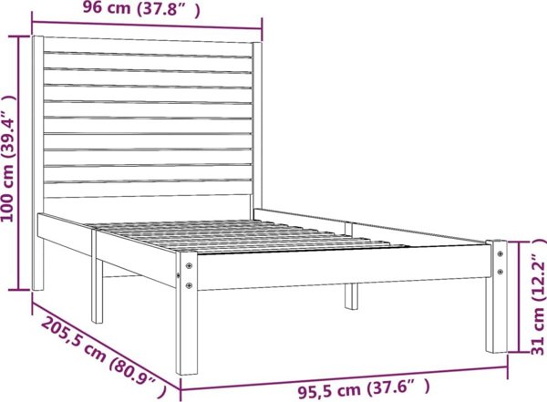 vidaXL Rama κρεβατιού, λευκή, από μασιφ ξύλο, 90x200 cm