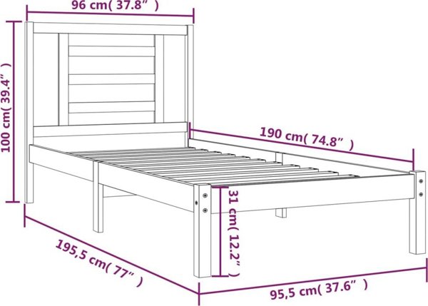 vidaXL Rama κρεβατιού, λευκή, από μασίφ πεύκο, 90x190 cm, μονή