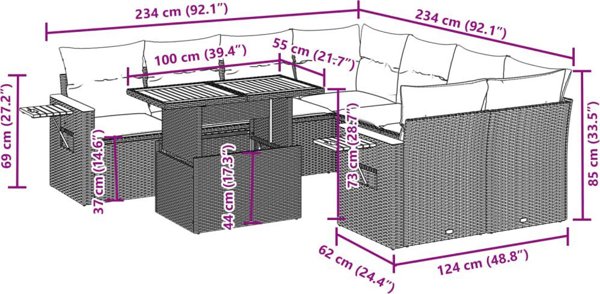 vidaXL Σετ επίπλων κήπου 9 τεμαχίων με μαξιλάρια, μπεζ, πολυραταν