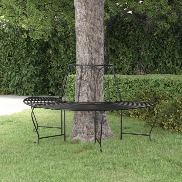 vidaXL Lawka pod drzewo, polokragla, 159 cm, czarna, stalowa