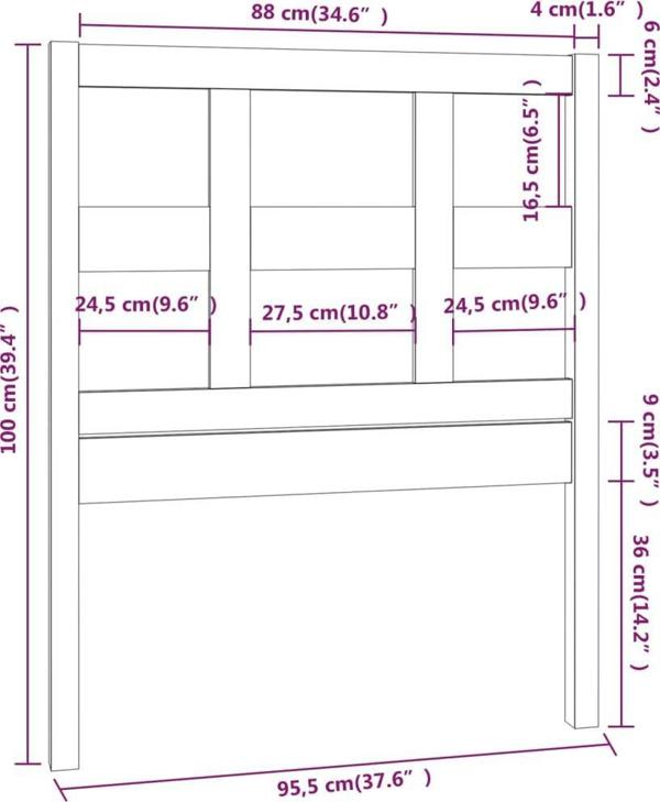 vidaXL Wezglowie lozka, czarne, 95,5x4x100 cm, lite drewno sosnowe