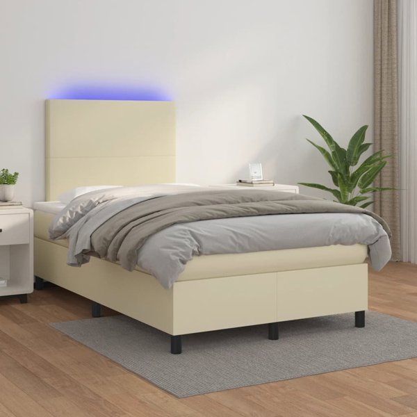 vidaXL Lozko kontynentalne z LED, materac, kremowe, ekoskora 120x200cm