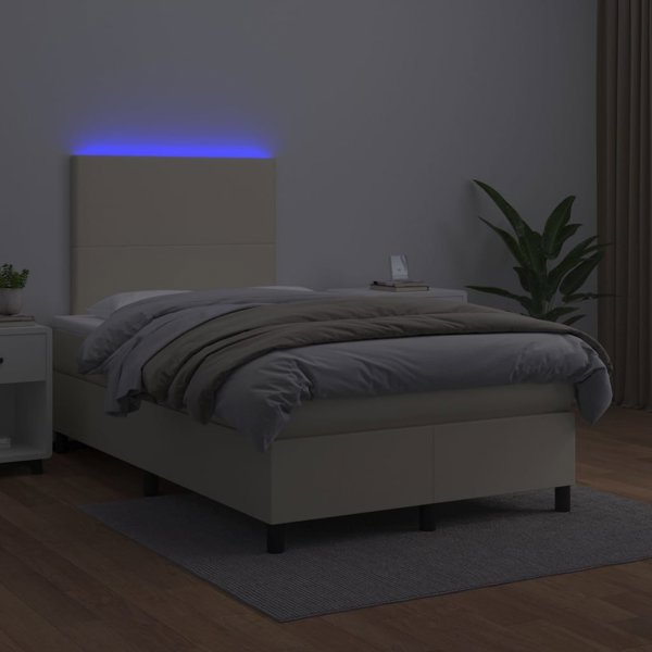 vidaXL Lozko kontynentalne z LED, materac, kremowe, ekoskora 120x200cm