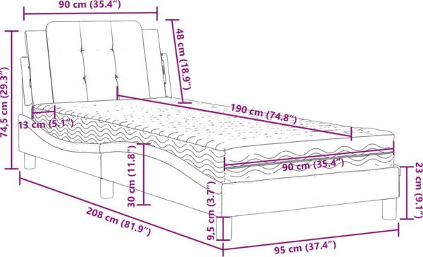 vidaXL Κρεβάτι με Στρώμα 90x190 εκ. Γκρι Τεχνητό Δέρμα