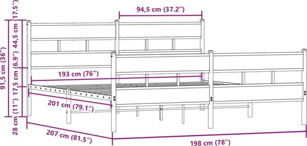 vidaXL Μεταλλικός Σκελετός Κρεβατιού, χωρίς στρώμα, καφέ δρυς, 193x203 εκ