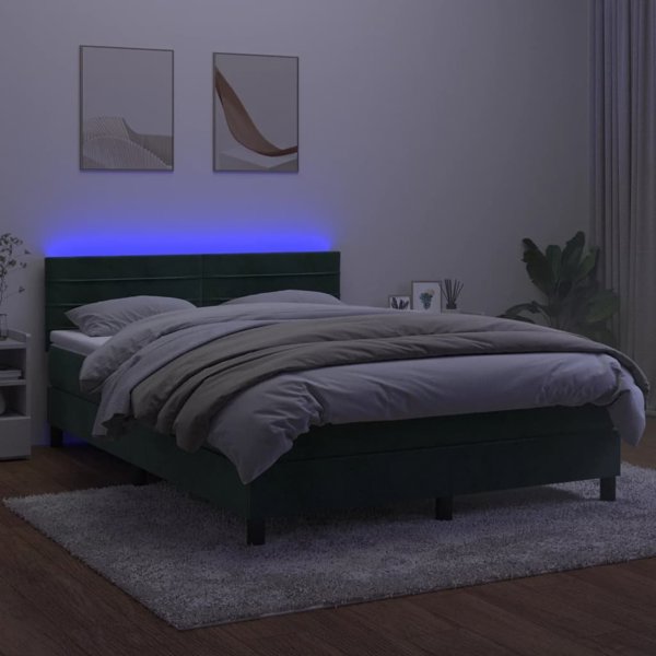 vidaXL Κρεβάτι κοντινεντάλ με στρώμα και LED, πράσινο βελούδο, 140x200 cm