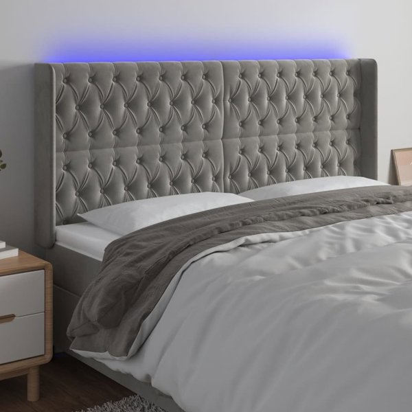 vidaXL LED κεφαλάρι κρεβατιού, ανοιχτό γκρι, 203x16x118/128 cm, βελούδο