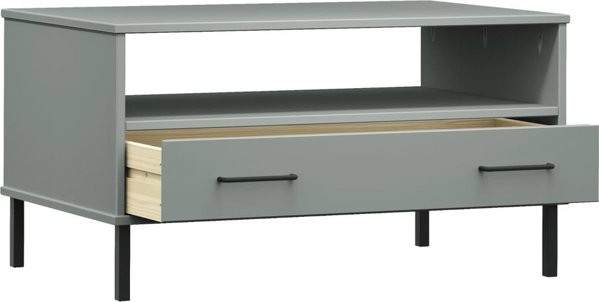 vidaXL Stolik kawowy OSLO, metalowe nozki, szary, 85x50x45 cm, drewno