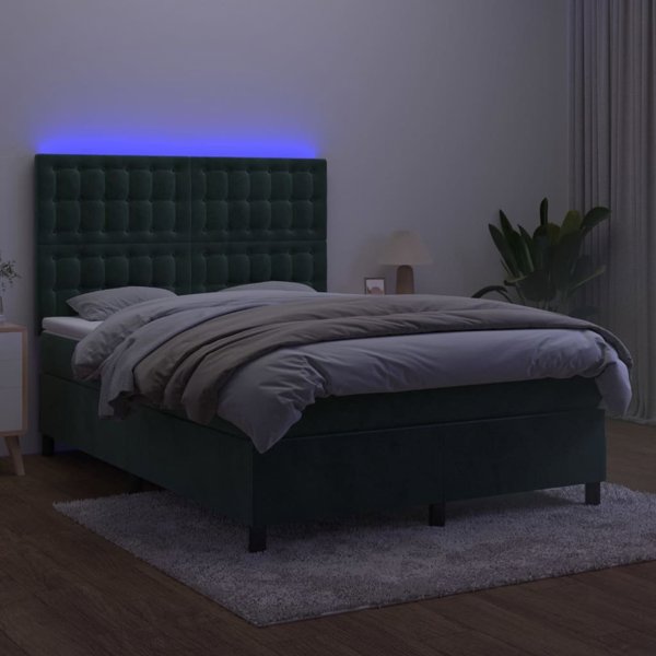vidaXL Lozko kontynentalne me to materacem i LED zielony aksamit 140x190cm