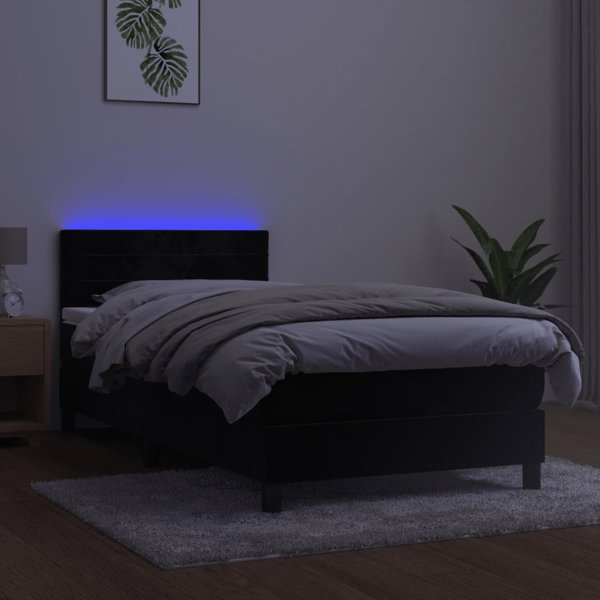 vidaXL Κρεβάτι κοντινεντάλ με στρώμα και LED, μαύρο βελούδο, 90x200 cm
