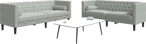 vidaXL Σετ καθιστικού Chesterfield 2 τεμαχίων με κυλινδρικά μαξιλάρια, ανοιχτό γκρι, βελούδο