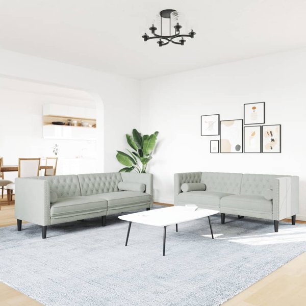 vidaXL Σετ καθιστικού Chesterfield 2 τεμαχίων με κυλινδρικά μαξιλάρια, ανοιχτό γκρι, βελούδο