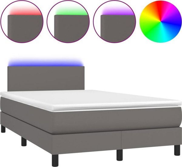 vidaXL Lozko kontynentalne z materacem i LED, szara ekoskora 120x200 cm