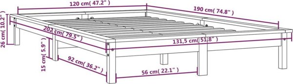 vidaXL Διπλό κρεβατοκάμαρα με σκελετό, γκρι, 120x190 cm, από μασίφ πεύκο