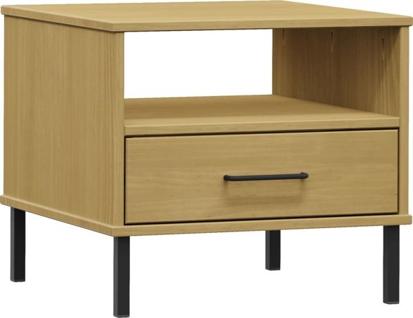 vidaXL Κομοδίνο OSLO, μεταλλικά πόδια, καφέ, μασίφ ξύλο πεύκου