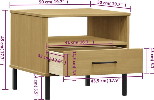 vidaXL Κομοδίνο OSLO, μεταλλικά πόδια, καφέ, μασίφ ξύλο πεύκου