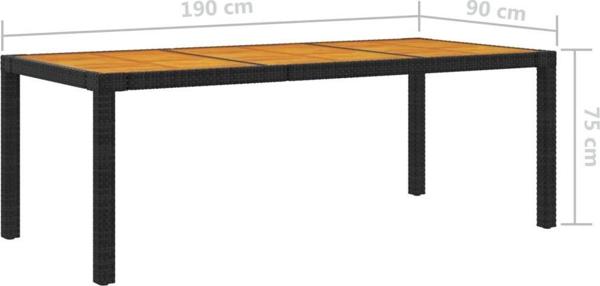 vidaXL Τραπέζι κήπου 190x90x75 cm, μαύρο PE ρατάν και ξύλο ακακίας