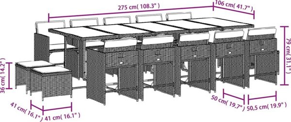 vidaXL Σετ 15τμχ επίπλων κήπου με μαξιλάρια, μπεζ, rattan PE