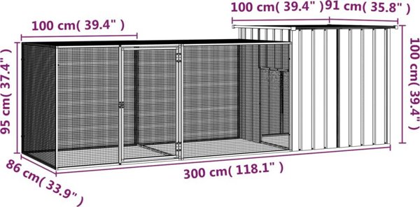 vidaXL Κλωβός για κοτόπουλα, γκρίζος, 300x91x100 cm, ατσάλι