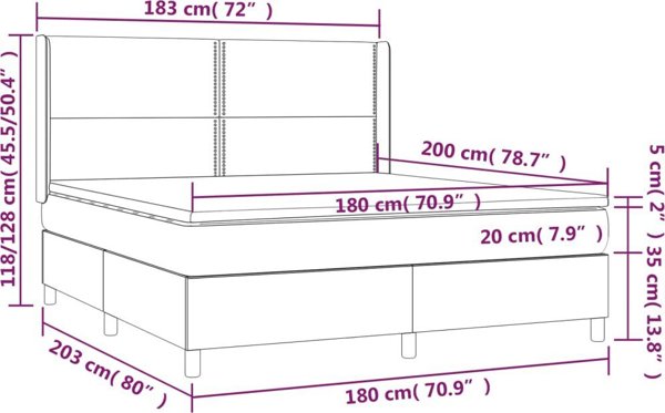 vidaXL κρεβάτι κοντινεντάλ με στρώμα και LED, γκρι οικοδέρμα, 180x200εκ