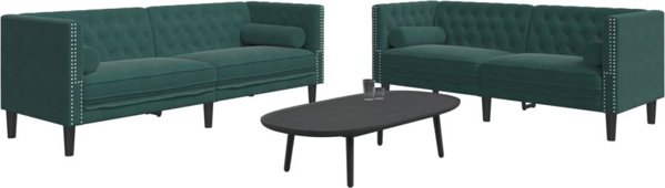 vidaXL Σετ 2 τμχ Chesterfield με μαξιλαράκια, σκούρο πράσινο, βελούδο
