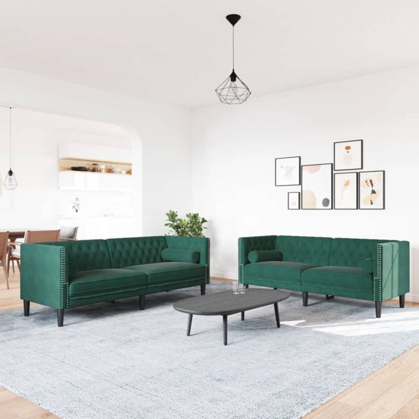 vidaXL Σετ 2 τμχ Chesterfield με μαξιλαράκια, σκούρο πράσινο, βελούδο
