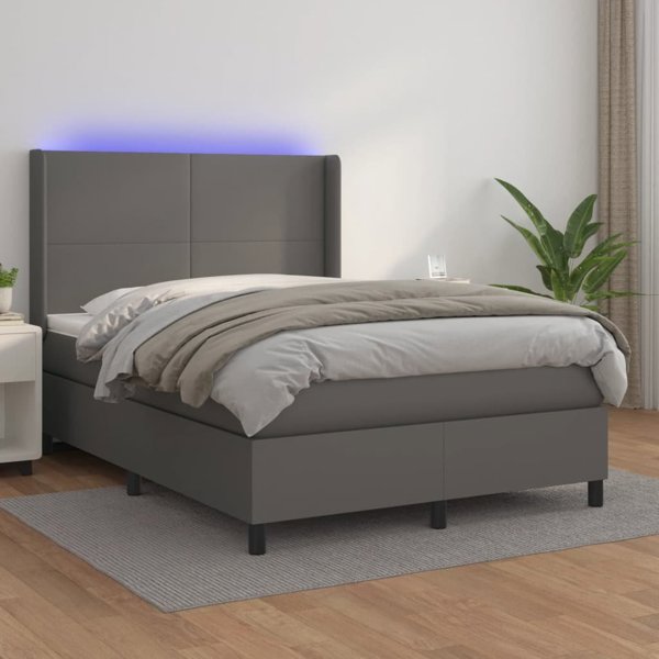 vidaXL Κρεβάτι κοντινεντάλ με στρώμα και LED, γκρι οικολογικό δέρμα 140x200 εκ.
