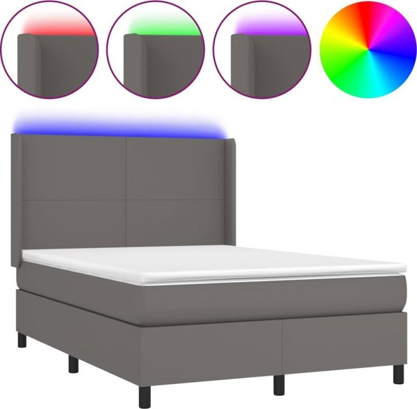 vidaXL Κρεβάτι κοντινεντάλ με στρώμα και LED, γκρι οικολογικό δέρμα 140x200 εκ.