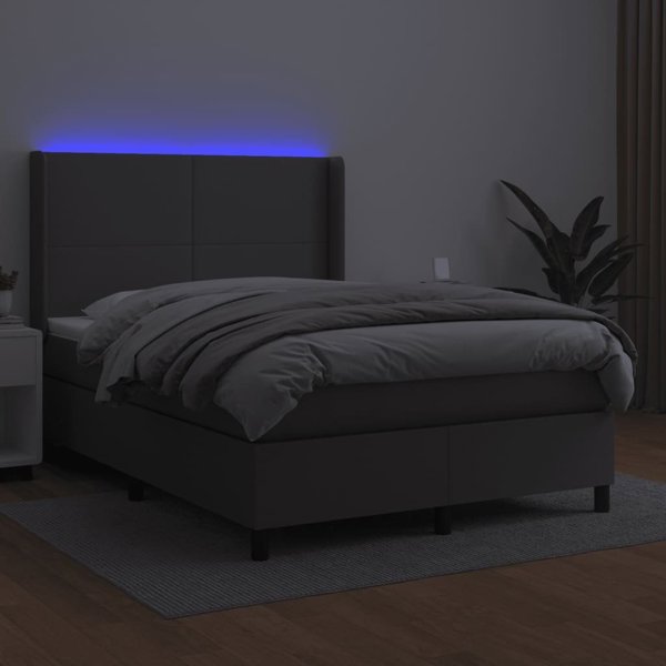 vidaXL Κρεβάτι κοντινεντάλ με στρώμα και LED, γκρι οικολογικό δέρμα 140x200 εκ.