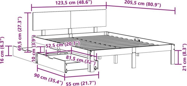vidaXL Rama κρεβατιού με συρτάρια, λευκή, 120x200 εκ, πεύκο