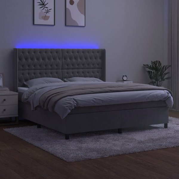 vidaXL Κρεβάτι Κοντινεντάλ με Στρώμα και LED, γκρι 160x200cm, βελούδο