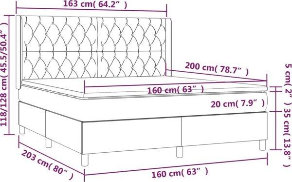 vidaXL Κρεβάτι Κοντινεντάλ με Στρώμα και LED, γκρι 160x200cm, βελούδο