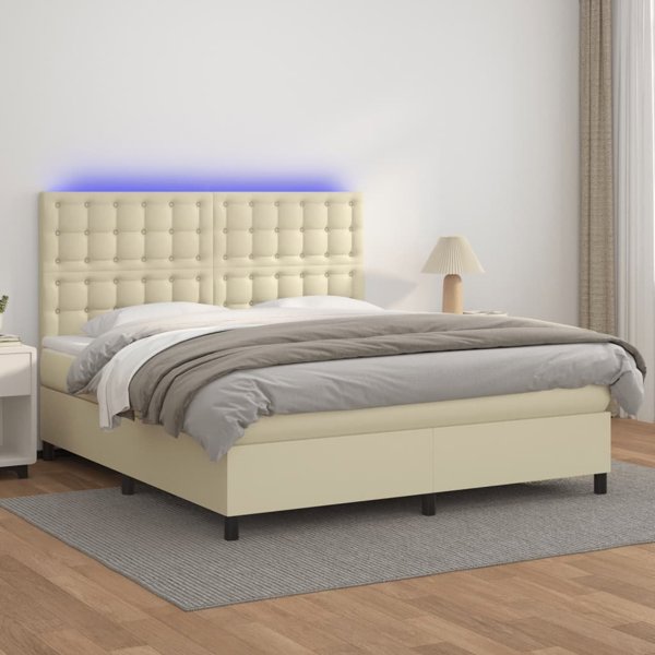 vidaXL Κρεβάτι Kontynentalne με LED, στρώμα, κρεμ, συνθετικό δέρμα 180x200cm