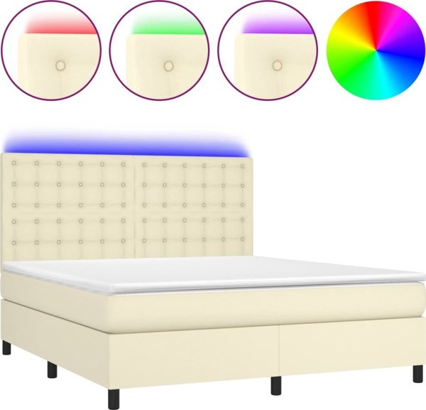 vidaXL Κρεβάτι Kontynentalne με LED, στρώμα, κρεμ, συνθετικό δέρμα 180x200cm