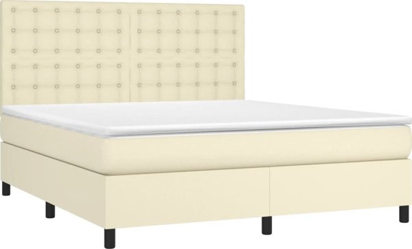 vidaXL Κρεβάτι Kontynentalne με LED, στρώμα, κρεμ, συνθετικό δέρμα 180x200cm