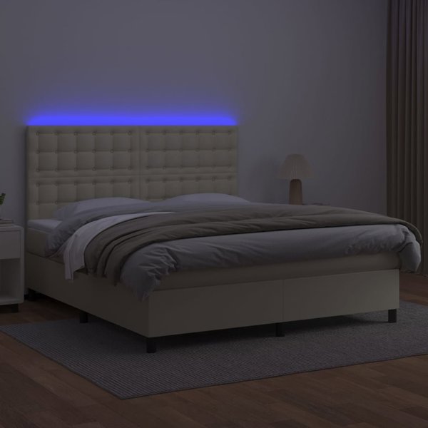 vidaXL Κρεβάτι Kontynentalne με LED, στρώμα, κρεμ, συνθετικό δέρμα 180x200cm