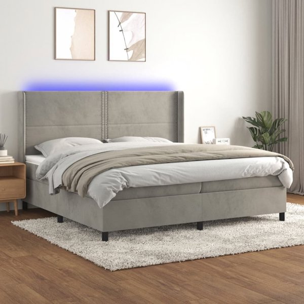 vidaXL lozko kontynentalne z materacem i LED, szare 200x200 cm, aksamit