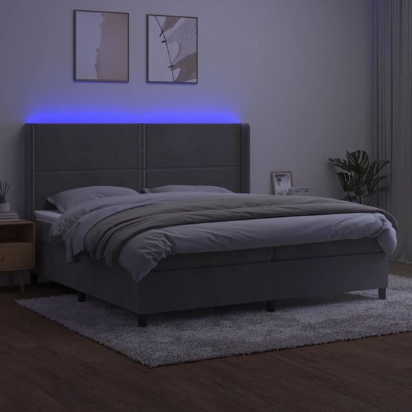 vidaXL lozko kontynentalne z materacem i LED, szare 200x200 cm, aksamit