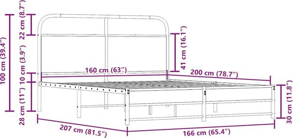 vidaXL Μεταλλικό Κρεβάτι 160x200 cm, Χρώμα Καπνιστή Δρυς, Χωρίς Στρώμα