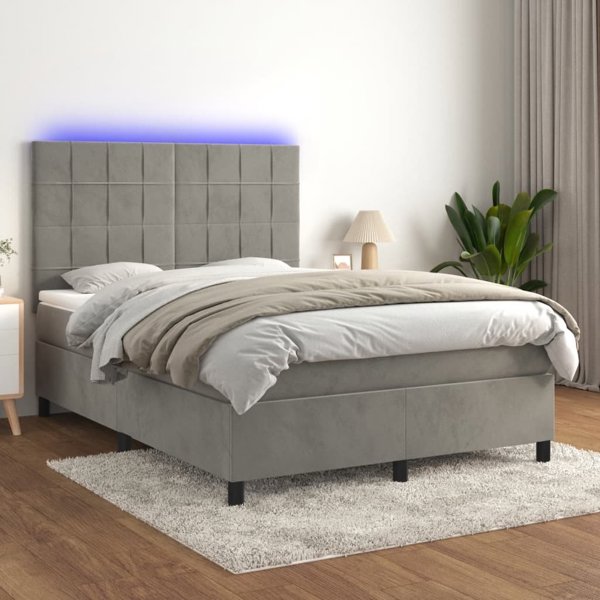 vidaXL Κρεβάτι κοντινεντάλ με στρώμα και LED, γκρι βελούδο 140x200 εκ.