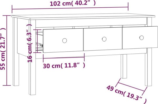 vidaXL Stolik kawowy, szary, 102x49x55 cm, lite drewno sosnowe