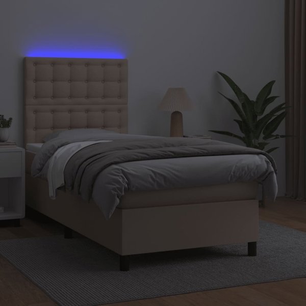 vidaXL Lozko kontynentalne z materacem i podswietleniem LED cappuccino ekoskora 80x200cm