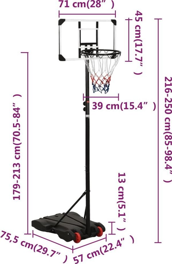 vidaXL Σταντ Μπάσκετ με Διαφανή Πίνακα 216-250 cm