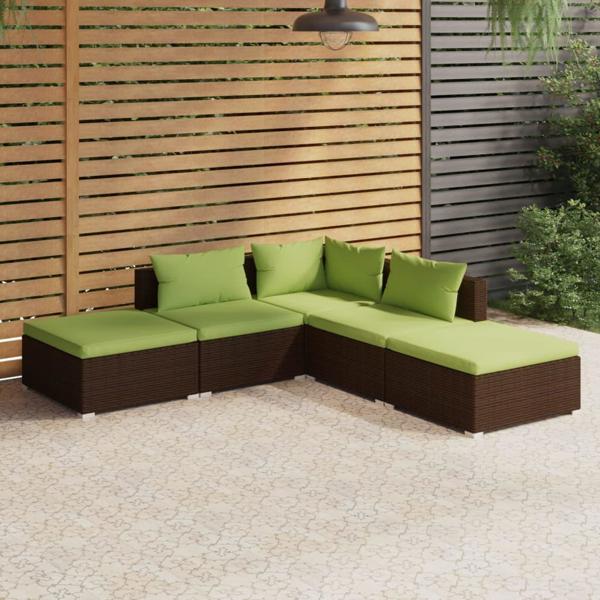 vidaXL 5-τεμ. σετ καθιστικού κήπου με μαξιλάρια, rattan PE, καφέ