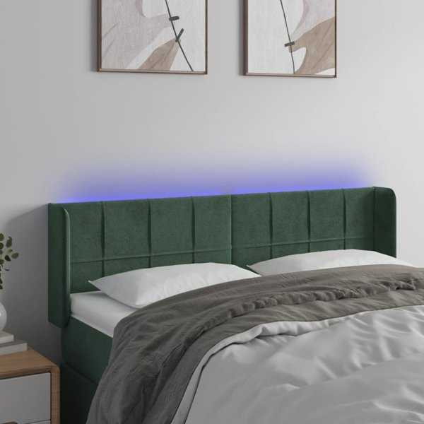 vidaXL Κεφαλάρι κρεβατιού με LED, σκούρο πράσινο, 147x16x78/88 cm, βελούδο