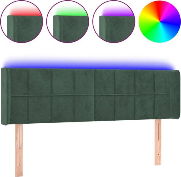 vidaXL Κεφαλάρι κρεβατιού με LED, σκούρο πράσινο, 147x16x78/88 cm, βελούδο