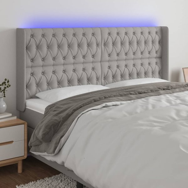 vidaXL Zaglowek do lozka z LED, jasnoszary, 203x16x118/128 cm, tkanina