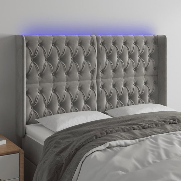 vidaXL Κεφαλάρι για κρεβάτι με LED, ανοιχτό γκρι, 163x16x118/128 cm, βελούδο
