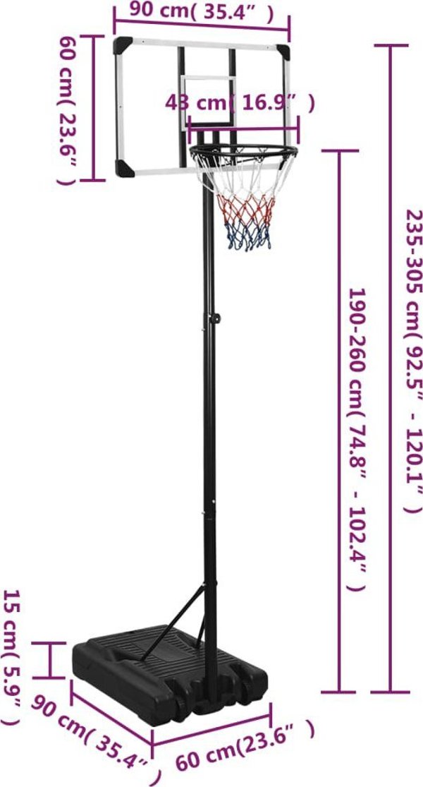 vidaXL Βάση για μπασκετ με διάφανο ταμπλό, 235-305 cm